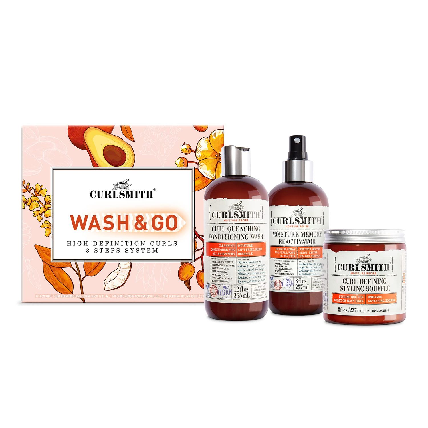 Curlsmith - Wash &amp; Go High Definition Curls Kit: 3-Step System - Vegan Haircare for Dry, Wavy, Curly or Coily Hair