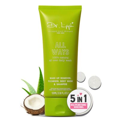 Dr. Lipp All Ways Cleanser 100ml - 5-in-ONE Moisturizing Body Wash, Face Cleanser, Make-Up Remover, Shampoo &amp; Shaving gel - 100 Natural Aloe Vera &amp; Coconut Oil, Vegetarian &amp; Fragrance Free