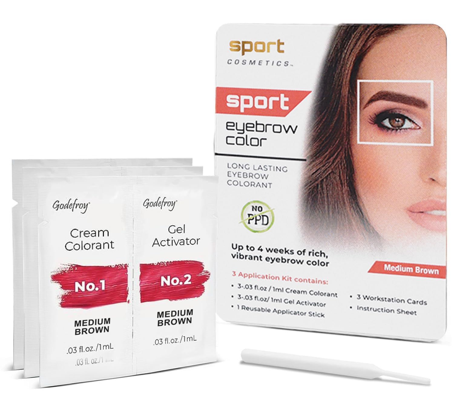 Sport Cosmetics Eyebrow Color For Women, 3 Application Kit, Medium Brown