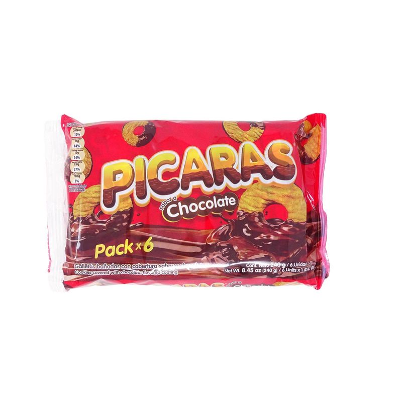 PICARAS Galletas Banadas en Chocolate 240 gr. 6 units of 40 gr. 24 cookies.
