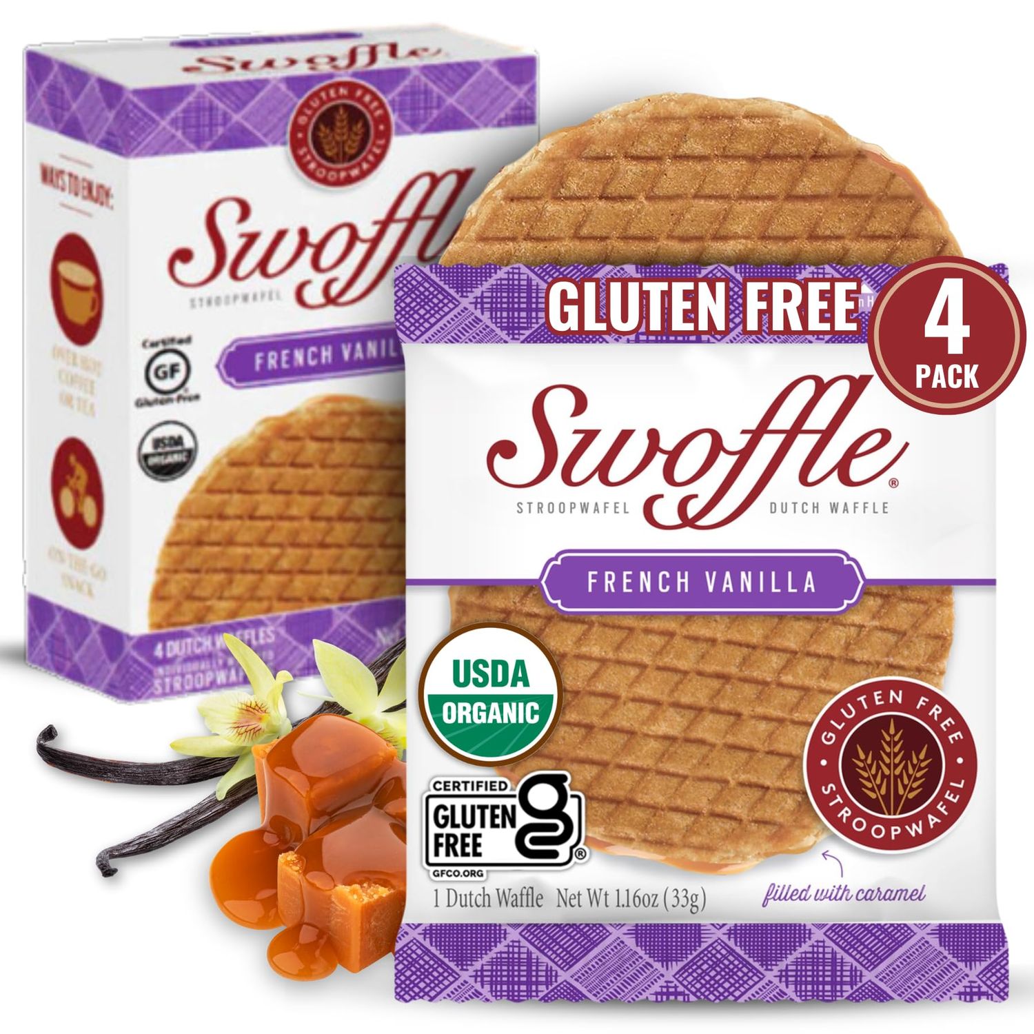 Gluten Free Organic Stroopwafels by Swoffle - French Vanilla 4 1.16oz Wafers non-GMO, Wheat Free, Kosher, Soy Free, Nut Free and All Natural!
