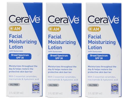 CeraVe AM Facial Moisturizing Lotion with Sunscreen SPF 30, Oil-Free, 3 fl oz, Fragrance-Free Pack of 3
