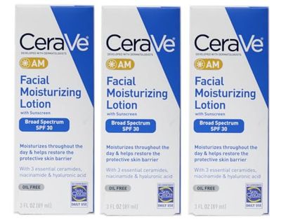 CeraVe AM Facial Moisturizing Lotion with Sunscreen SPF 30, Oil-Free, 3 fl oz, Fragrance-Free Pack of 3