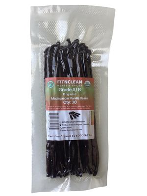 30 Organic Madagascar Vanilla Beans Grade AB. Certified USDA Organic. 5-7 by FITNCLEAN VANILLA. Bourbon Fresh Whole NON-GMO Pods