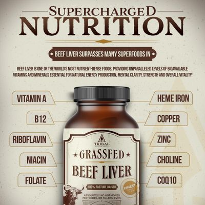 Tribal Harvest Grass Fed Beef Liver Capsules, 45-Day Supply, Key Nutrients for Enhanced Energy, Mental Clarity &amp; Mood, 100 Pasture-Raised &amp; Hormone-Free, 180 Freeze Dried Liver Pills 3000 mg