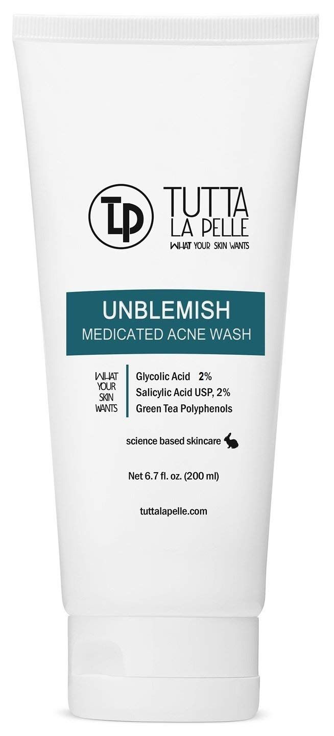 Exfoliating Face Wash Glycolic Acid 2 Salicylic Acid 2 - Medicated Unblemish Cleanser AHA BHA Acne Wash, with calming green tea, oil free, Helps for Acne, Oiliness, Blackheads, Cystic Acne 6.7 Fl Oz