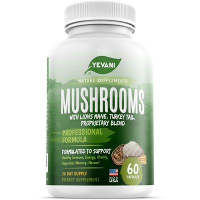 YEVANI 100 Pure Mushroom Supplement for Immune, Energy, Clarity, Cognition, Memory, Nerves Support - Lions Mane, Cordyceps, Reishi, Turkey Tail with Powerful Mushroom Blend