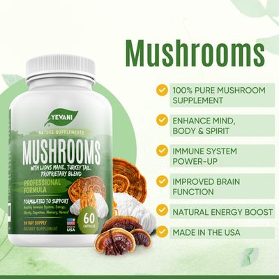YEVANI 100 Pure Mushroom Supplement for Immune, Energy, Clarity, Cognition, Memory, Nerves Support - Lions Mane, Cordyceps, Reishi, Turkey Tail with Powerful Mushroom Blend