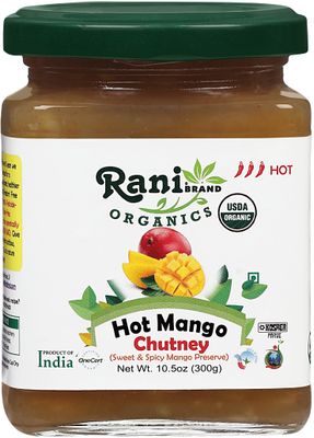 Rani Organic Hot Mango Chutney Spicy Indian Preserve 10.5oz 300g Glass Jar, Ready to eat All Natural Vegan Gluten Free No Colors NON-GMO Indian Origin USDA Certified Organic