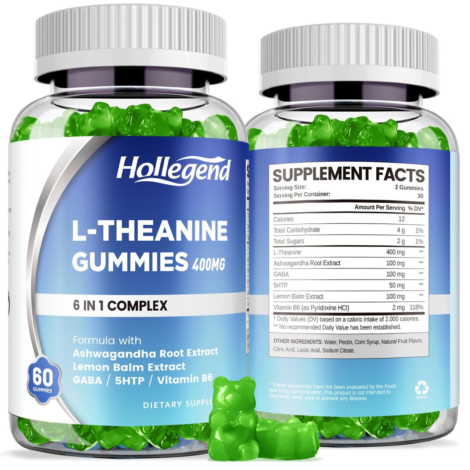 HOLLEGEND L-Theanine Gummies, l&#39;theanine 400mg with Ashwagandha, GABA, 5HTP,L-Theanine Chewable Supplement for Relax, Zzz &amp; Focus Support, Vegan, Lemon Flavor, 120 Counts