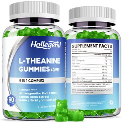 HOLLEGEND L-Theanine Gummies, l&#39;theanine 400mg with Ashwagandha, GABA, 5HTP,L-Theanine Chewable Supplement for Relax, Zzz &amp; Focus Support, Vegan, Lemon Flavor, 120 Counts