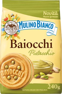 Mulino Bianco Biscotti Baiocchi al Pistacchio, Biscotti con Pistacchio e Pastafrolla Ideali per Colazione o Merenda, Senza Olio di Palma, 1 Sacchetto da 240g