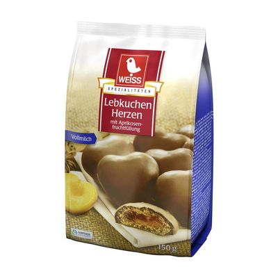 WEISS Milk Chocolate Lebkuchen Herzen gingerbread hearts with apricot jelly filling 150g1ct.