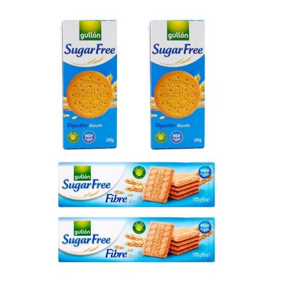 Gullon Sugar Free Digestive 245g and Fiber Cookies 170g 4 Pack Variety 2 Pack each