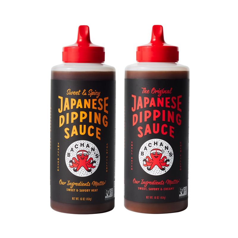 Bachan&#39;s Japanese Dipping Sauce 2 Pack - 1 Original, 1 Sweet and Spicy - Small Batch, Non GMO, No Preservatives, No Nut, No Dairy, Vegan and BPA free. Dipping Sauce for Wings, Chicken, Steak, Appet...