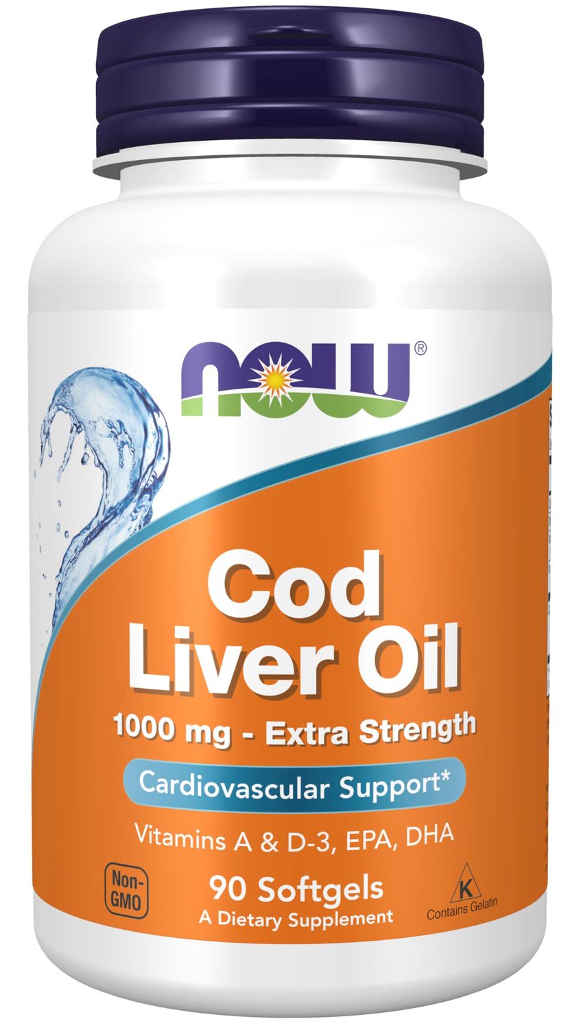 NOW Foods Supplements, Cod Liver Oil, Extra Strength 1,000 mg with Vitamins A &amp; D-3, EPA, DHA, 90 Softgels
