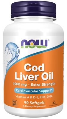 NOW Foods Supplements, Cod Liver Oil, Extra Strength 1,000 mg with Vitamins A &amp; D-3, EPA, DHA, 90 Softgels