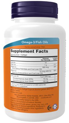 NOW Foods Supplements, Cod Liver Oil, Extra Strength 1,000 mg with Vitamins A &amp; D-3, EPA, DHA, 90 Softgels