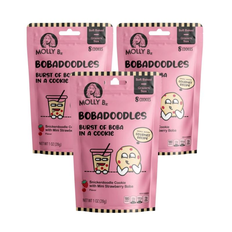 Molly Bz Food Bobadoodles - Burst of Boba in a Cookie - Snickerdoodle with Mini Strawberry Boba Flavor - Soft Baked - Gourmet Recipe - 3 Pack of Cookies