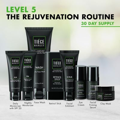 Tiege Hanley Mens Skin Care Set, Rejuvenation Routine System Level 5 - Face Wash, Scrub, Moisturizer, Eye Cream, Serum, Clay Mask, Retinol Stick & PM Moisturizer for Anti-aging