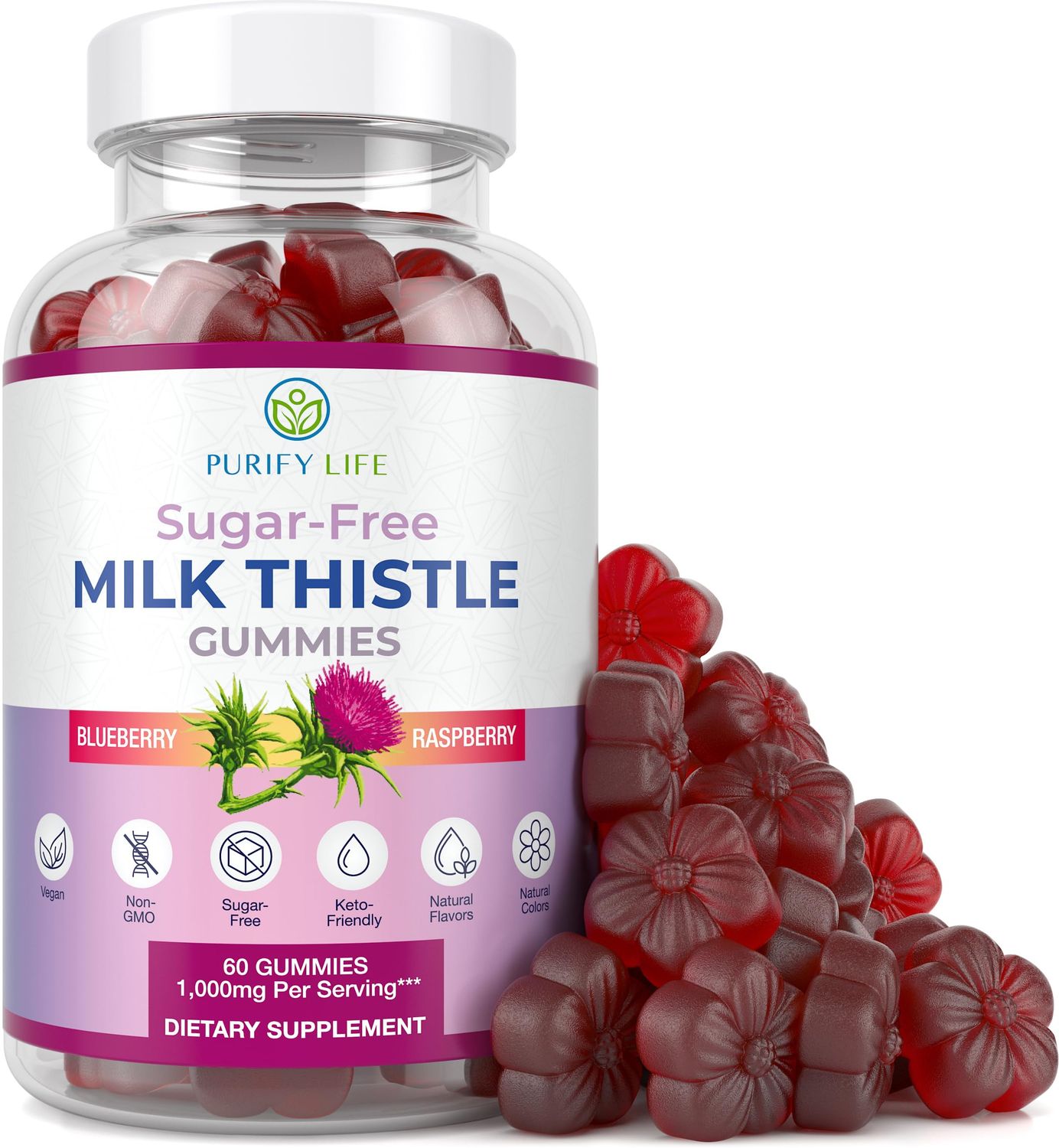 Purify Life Sugar-Free Milk Thistle Gummies for Liver Cleanse, Detox &amp; Cell Repair 1000mgserv Cardo Mariano, Milk Thistle Extract &amp; Antioxidant Support, Vegan, Replaces Pills &amp; Capsules