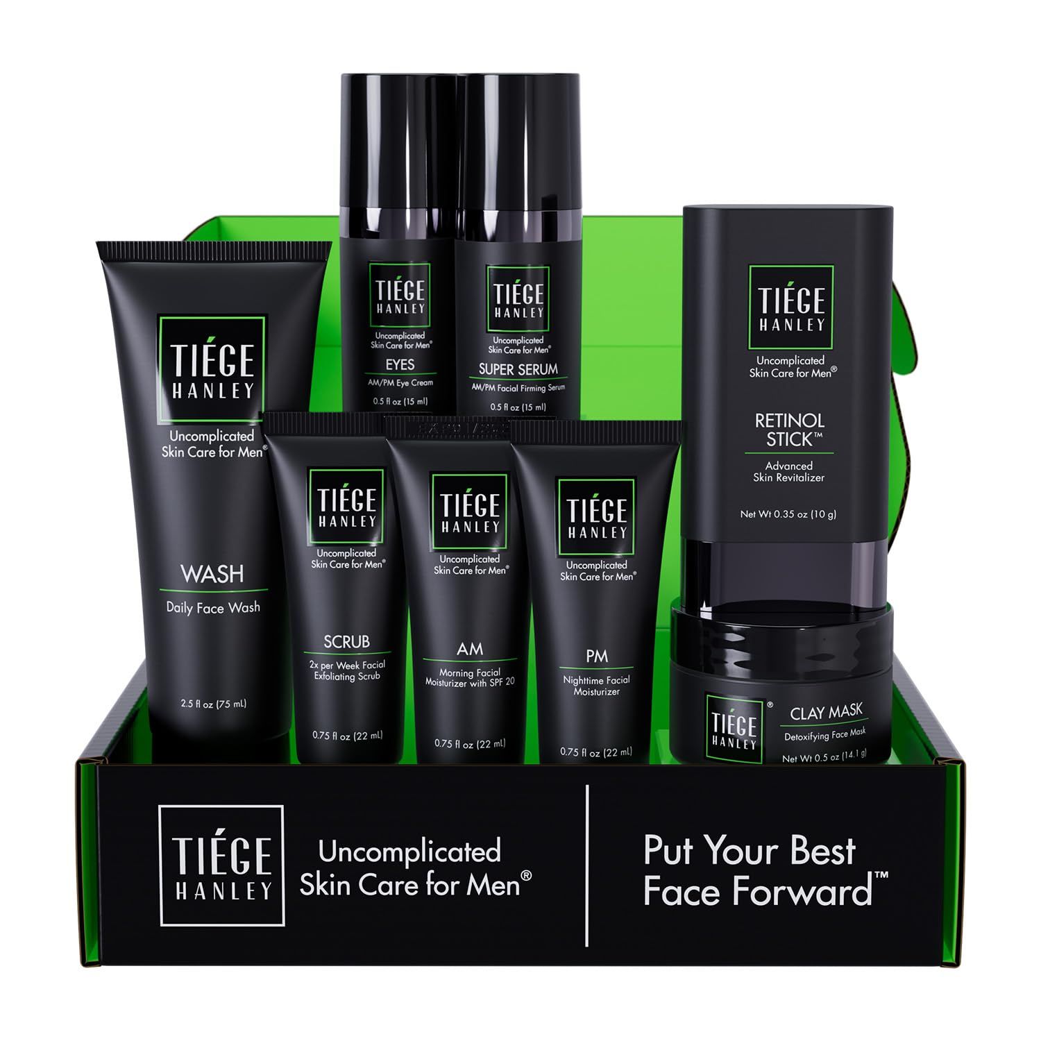 Tiege Hanley Mens Skin Care Set, Rejuvenation Routine System Level 5 - Face Wash, Scrub, Moisturizer, Eye Cream, Serum, Clay Mask, Retinol Stick &amp; PM Moisturizer for Anti-aging