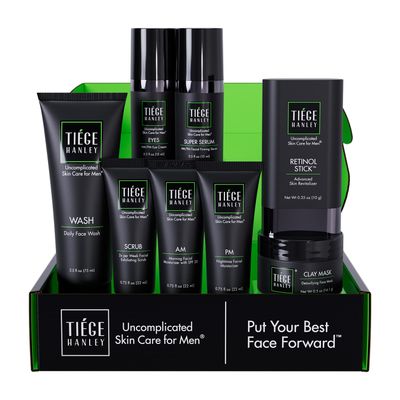 Tiege Hanley Mens Skin Care Set, Rejuvenation Routine System Level 5 - Face Wash, Scrub, Moisturizer, Eye Cream, Serum, Clay Mask, Retinol Stick &amp; PM Moisturizer for Anti-aging