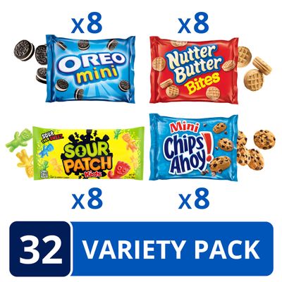 OREO Mini Cookies, CHIPS AHOY! Mini Cookies, SOUR PATCH KIDS Candy &amp; Nutter Butter Bites Cookies &amp; Candy Variety Pack, 32 Snack Packs