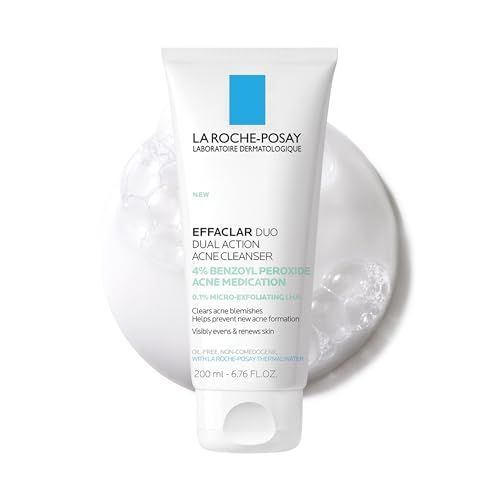 La Roche-Posay Effaclar Dual Acne Face Wash With 4 Benzoyl Peroxide &amp; LHA Exfoliant, Acne Treatment Help Clear &amp; Prevent Blemishes, Paraben Free &amp; Oil Free Wash, 6.76 Fl Oz