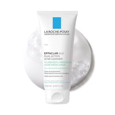 La Roche-Posay Effaclar Dual Acne Face Wash With 4 Benzoyl Peroxide &amp; LHA Exfoliant, Acne Treatment Help Clear &amp; Prevent Blemishes, Paraben Free &amp; Oil Free Wash, 6.76 Fl Oz