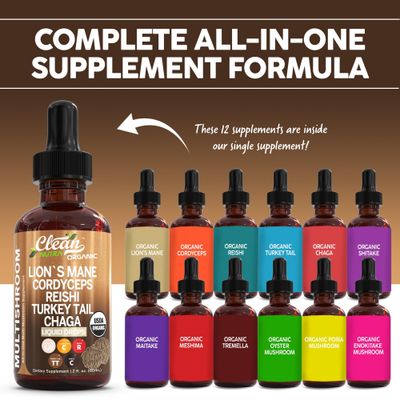 Organic Mushroom Supplement Liquid Drops with Lions Mane Turkey Tail Cordyceps Reishi Chaga Shitake Maitake Tremella Oyster Mushrooms Poria and Enokitake Mushrooms Complex Blend by Clean Nutra