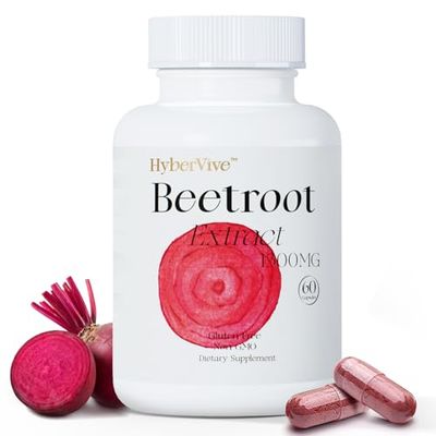 HyberVive Beet Root Powder Capsules for Enhanced Athletic Performance, Balanced Circulation, Liver Support &amp; Heart Health Non-GMO, Free of Top 9 Allergens, 1300mg per Serving, 60 Vegan Capsules