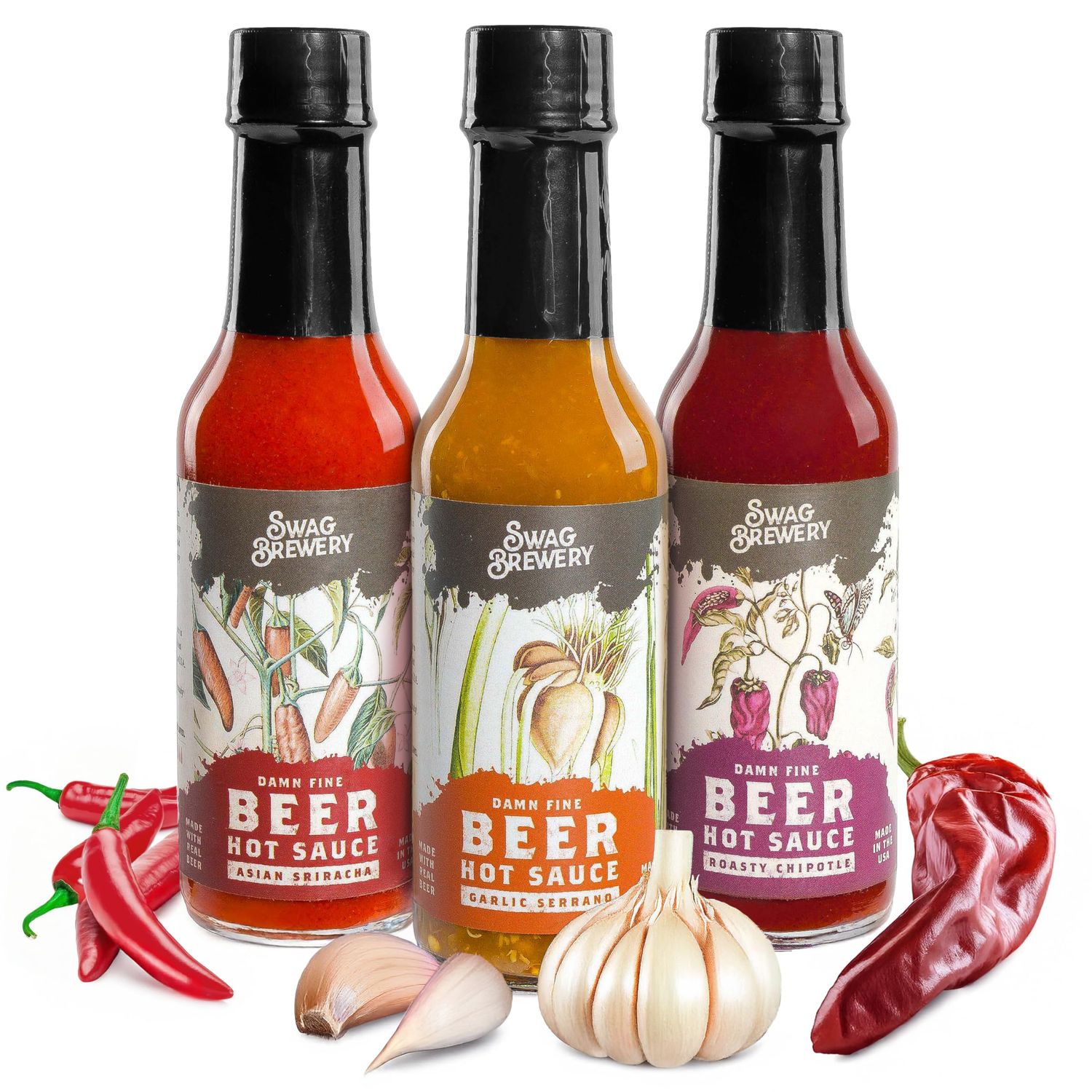 Beer-infused Hot Sauce Variety 3-pack Includes Asian Sriracha, Garlic Serrano, &amp; Roasty Chipotle - Craft Beer Gift, Hot Sauce Gift Set, Beer Sauce, BBQ Sauce, Beer Lover, Grill Man Cave