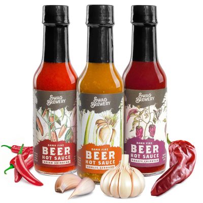 Beer-infused Hot Sauce Variety 3-pack Includes Asian Sriracha, Garlic Serrano, &amp; Roasty Chipotle - Craft Beer Gift, Hot Sauce Gift Set, Beer Sauce, BBQ Sauce, Beer Lover, Grill Man Cave