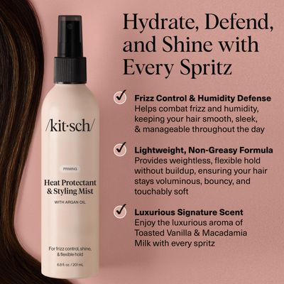 Kitsch Heat Protection Spray for Hair - Shield Strands Heat Protectant Hair Spray & Styling Mist with Argan Oil, Frizz Control & UV Protection - 6.8oz
