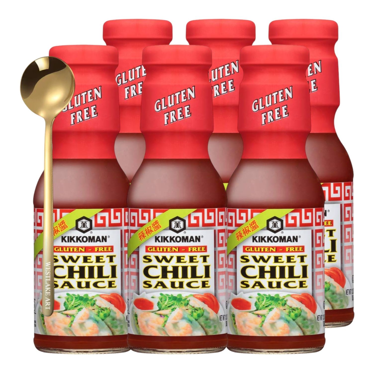 westlake art Kikkoman Sweet Chili Sauce, 13 Ounces, Sweet Red Chili Sauce Bundled With Golden Ss Spoon - Gluten-Free, Perfect For Dipping &amp; Marinades, Real Asian Flavor, Ready-To-Use Pack Of 6