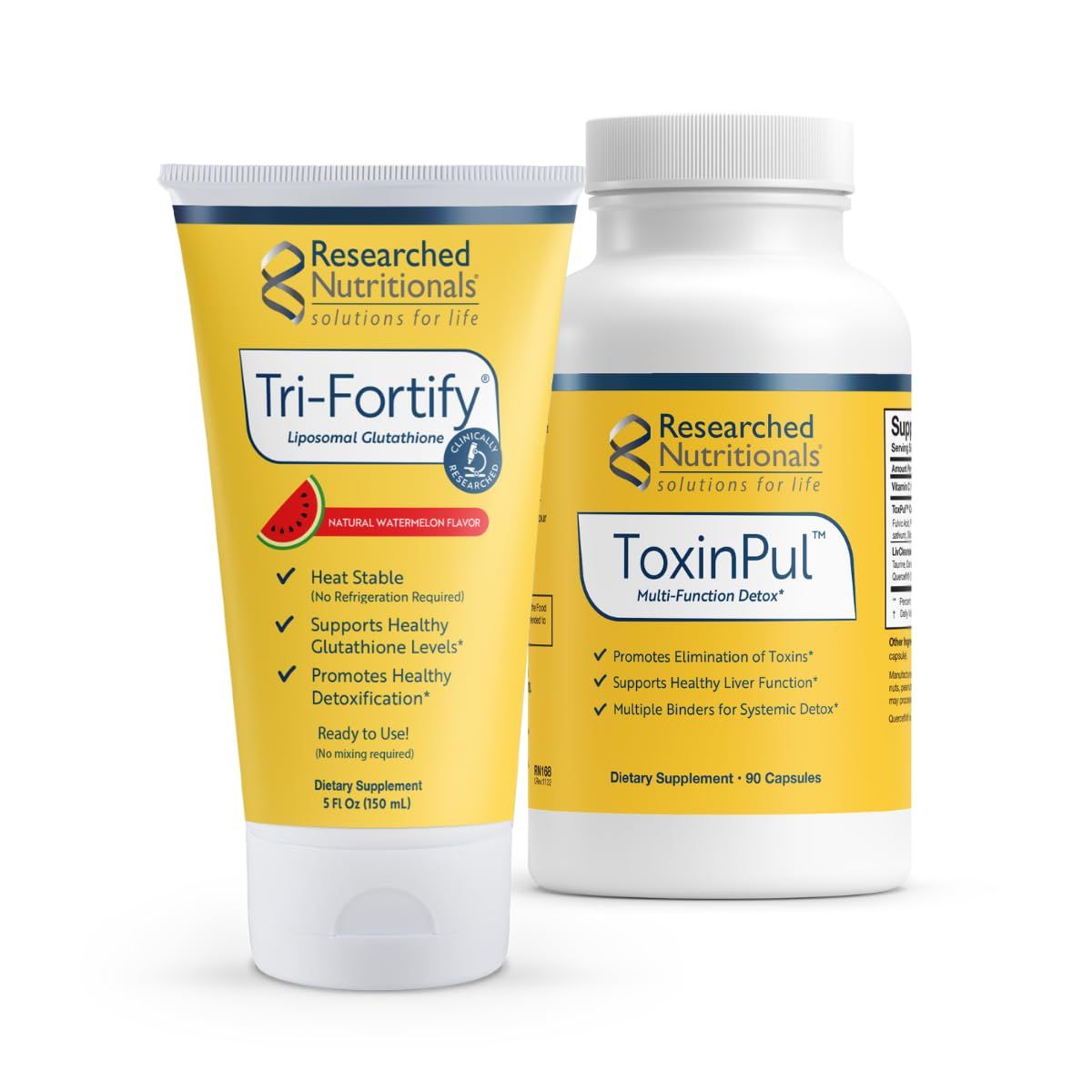 Researched Nutritionals Revitalized Detox Duo - for Immune Support, Liver Health or A Full Body Detox Cleanse - Tri-Fortify Watermelon Liposomal Glutathione 450mg Liquid &amp; ToxinPul 2 Piece Set