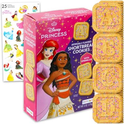 Disney Princess Shortbread Cookies Snack Box 6oz - Pantry Birthday Party Favors Cookie Pack Bundle with Disney Princess Sprinkled Cookie Sweet Treats and Stickers Kids Snacks for School Lunch