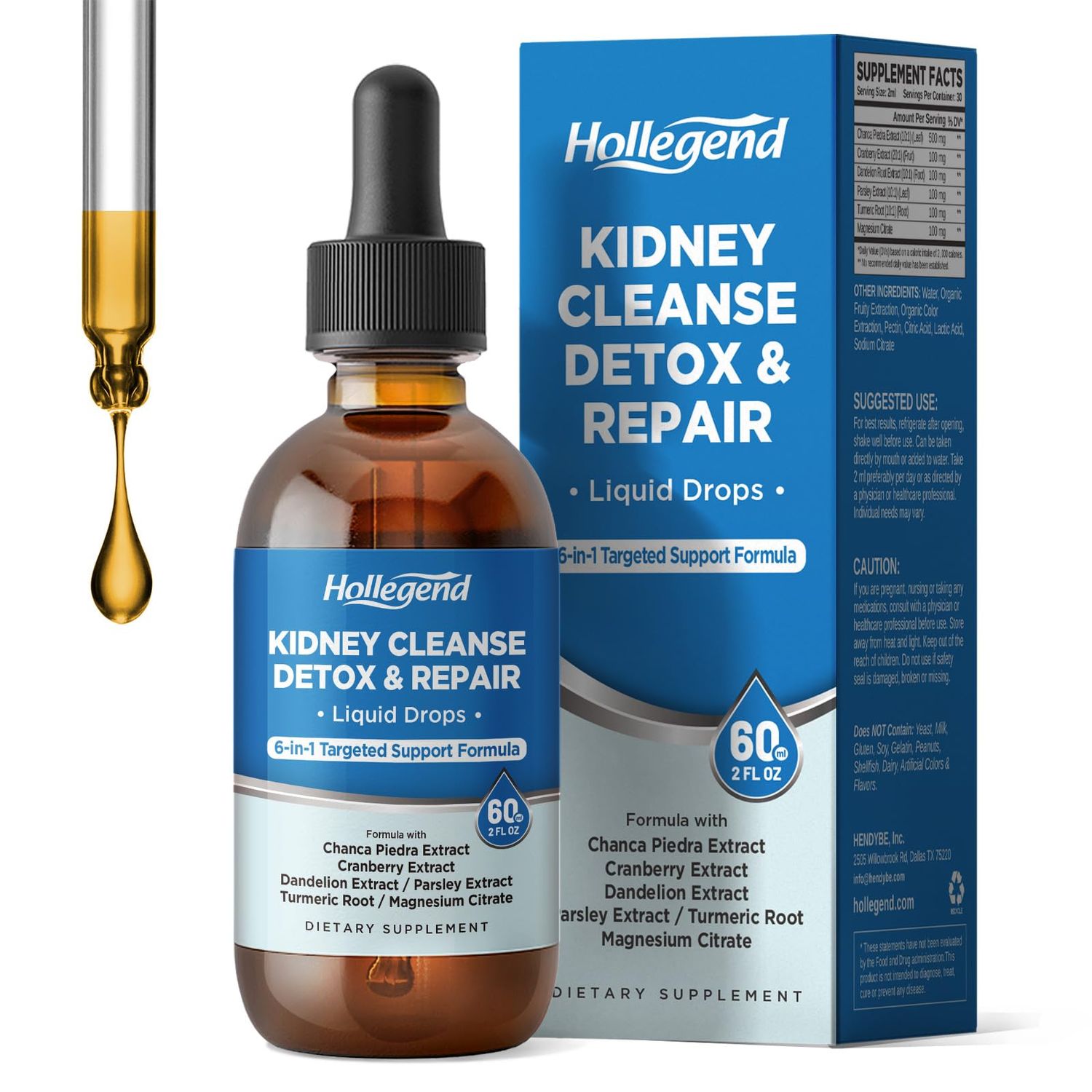 HOLLEGEND Kidney Cleanse Detox &amp; Repair Liquid Drops, Kidney Support Supplement Enhanced with Chanca Piedra, Cranberry, Dandelion, Parsley, Turmeric Root, Magnesium Citrate, 2 Fl Oz
