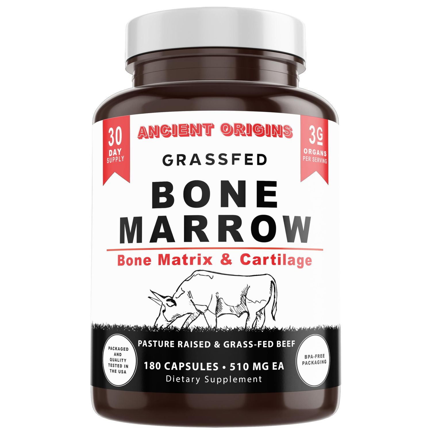 Ancient Origins Grass Fed Bone Marrow Supplement, 3060mg, Skin, Oral Health, and Joint Support Supplement, Promotes Whole-Body Wellness, Non GMO Whole Bone Extract, 180 Capsules