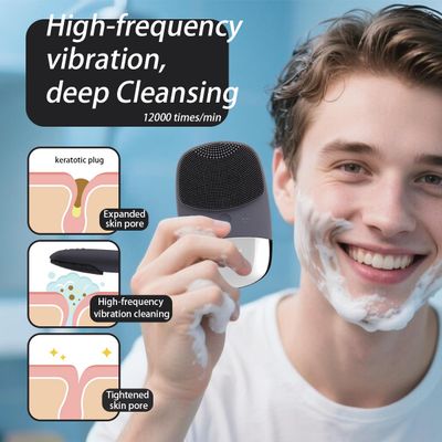 Facial Cleansing Brush, 3-in-1 Electric Silicone Face Scrubber, Vibrating Massager, IPX7 Waterproof, USB Rechargeble Pore Brush for Deep Cleanning, Blackhead Remover, Exfoliating Gray