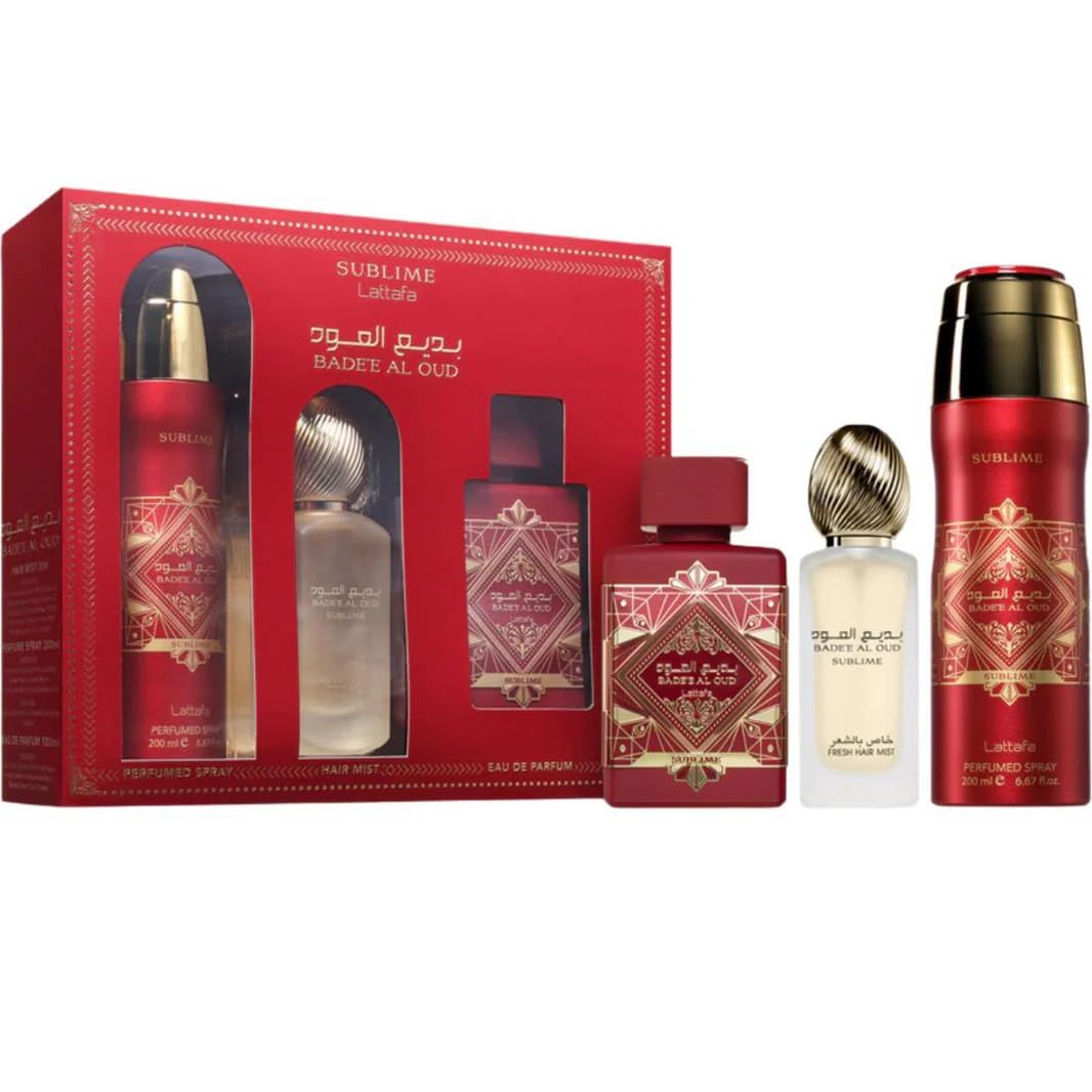Lattafa Badee Al Oud Sublime for Unisex 3 Piece Set 3.4 Oz Eau de Parfum Spray 1.7 Oz Hair Mist 6.7 Oz Deodorant Spray
