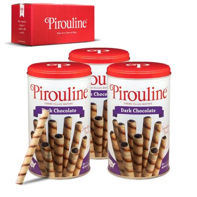 Pirouline Rolled Wafers - Bundled with Pirouline Gift Box - Dark Chocolate Rolled Wafer Sticks, Creme Filled Wafers, Rolled Cookies for Coffee, Ice Cream, Parties, Gifts, and More - 14.1oz Tin 3 Pack