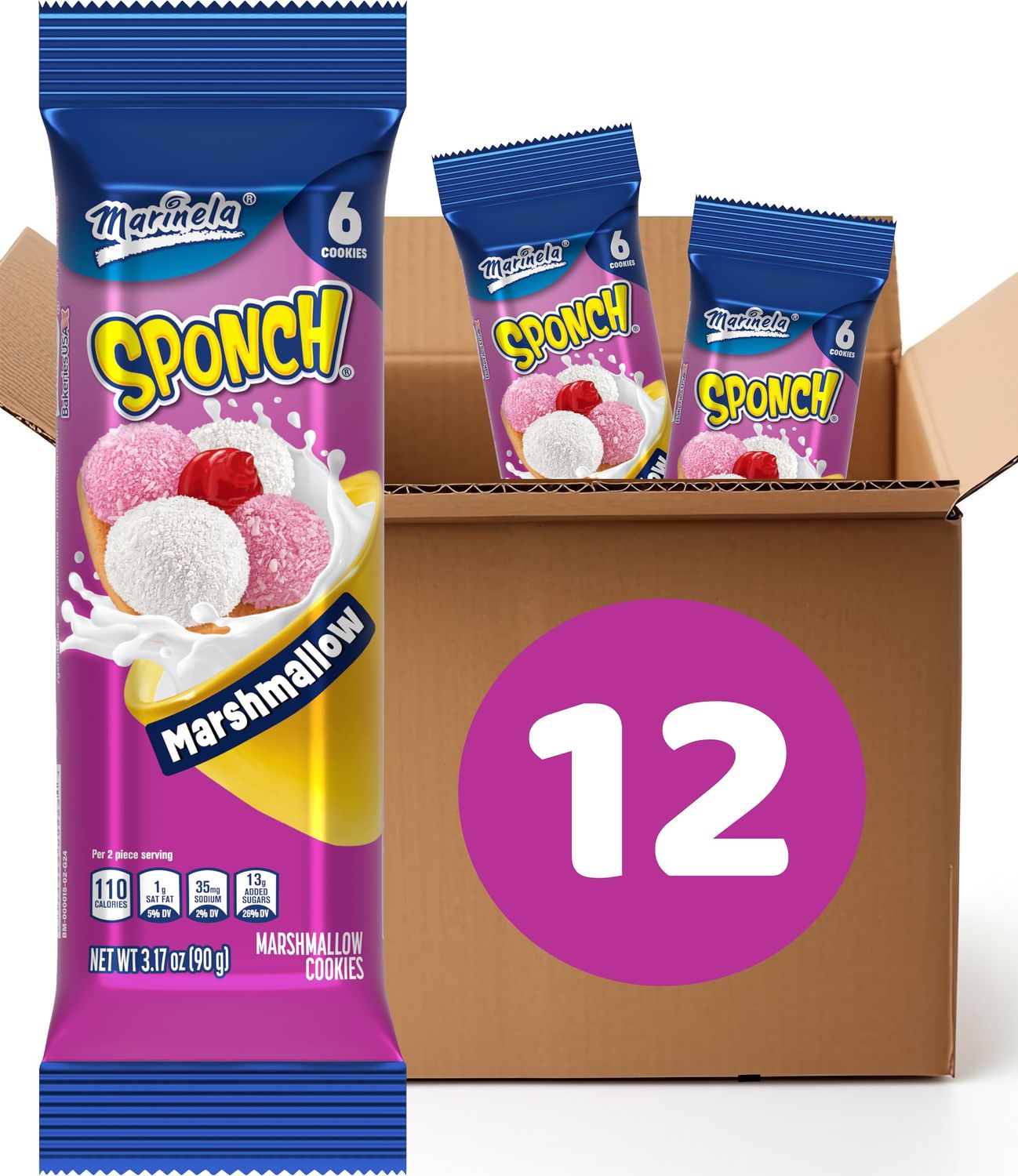 Restock Marinela Sponch Coconut and Strawberry Marshmallow Cookies, 12 individual packs, 6 ct each, Cookies, 38.04 oz Multipack