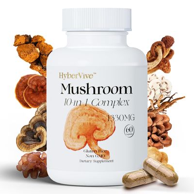 HyberVive Mushrooms with Cordyceps, Lion&#39;s Mane, Shiitake Mushroom Complex for Energy, Immune Health, Brain Support &amp; Overall Wellness Non-GMO, Gluten-Free, 1300mg Per Serving, 60 Capsules