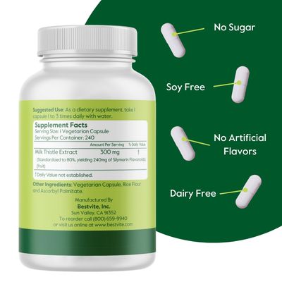 BESTVITE Milk Thistle 300mg 240 Vegetarian Capsules - Standardized to 80 Silymarin Flavonoids - No Stearates - Vegan - Non GMO - Gluten Free