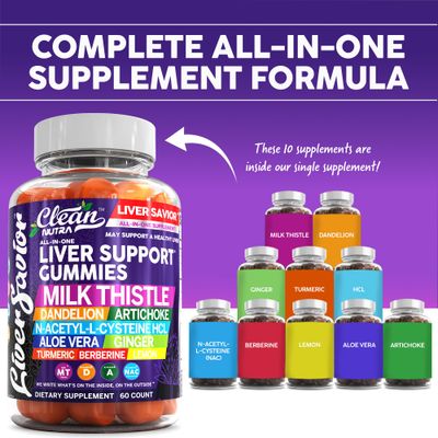Clean Nutra Liver Cleanse Detox &amp; Repair Gummies Milk Thistle Gummy Liver Support Vitamins Dandelion, Artichoke, Aloe Vera, Ginger, Berberine, Lemon, N-Acetyl-L-Cysteine, Turmeric Supplement HCL