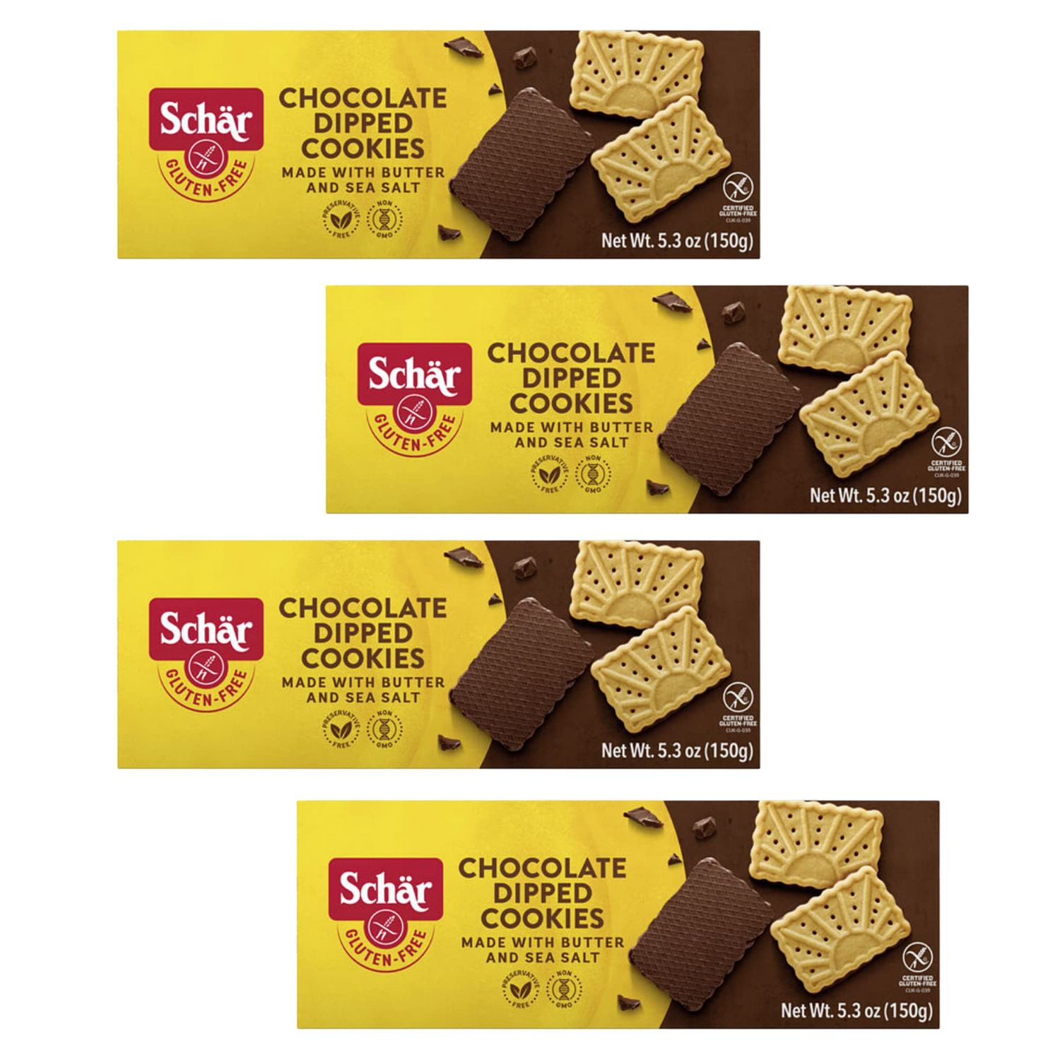 Schar - Chocolate Dipped Cookies - Certified Gluten Free - No GMO&#39;s, Perservatives or Wheat - 5.03 oz 4 Pack