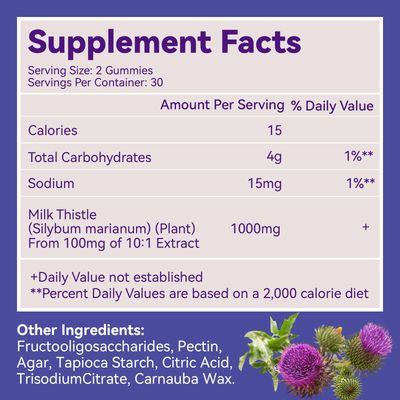 Milk Thistle Gummies, Milk Thistle Extract 1000mg, Liver Detox, Antioxidant Support, Non-GMOs, Non-Gluten, Vegan, Milk Thistle Supplement, 60 CountPack of 2