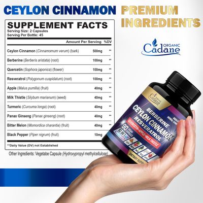 Organic Cadane Ceylon Cinnamon, Berberine, Quercetin Supplement - Support Heart, Body, Digestive &amp; Immunity - 10in1 with Milk Thistle, Turmeric, Apple &amp; More - 90 Veggie Capsules